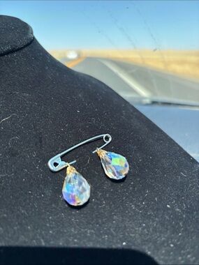 2 Vintage Crystal Teardrop Dangle charm - Clear Aurora Borealis (?)